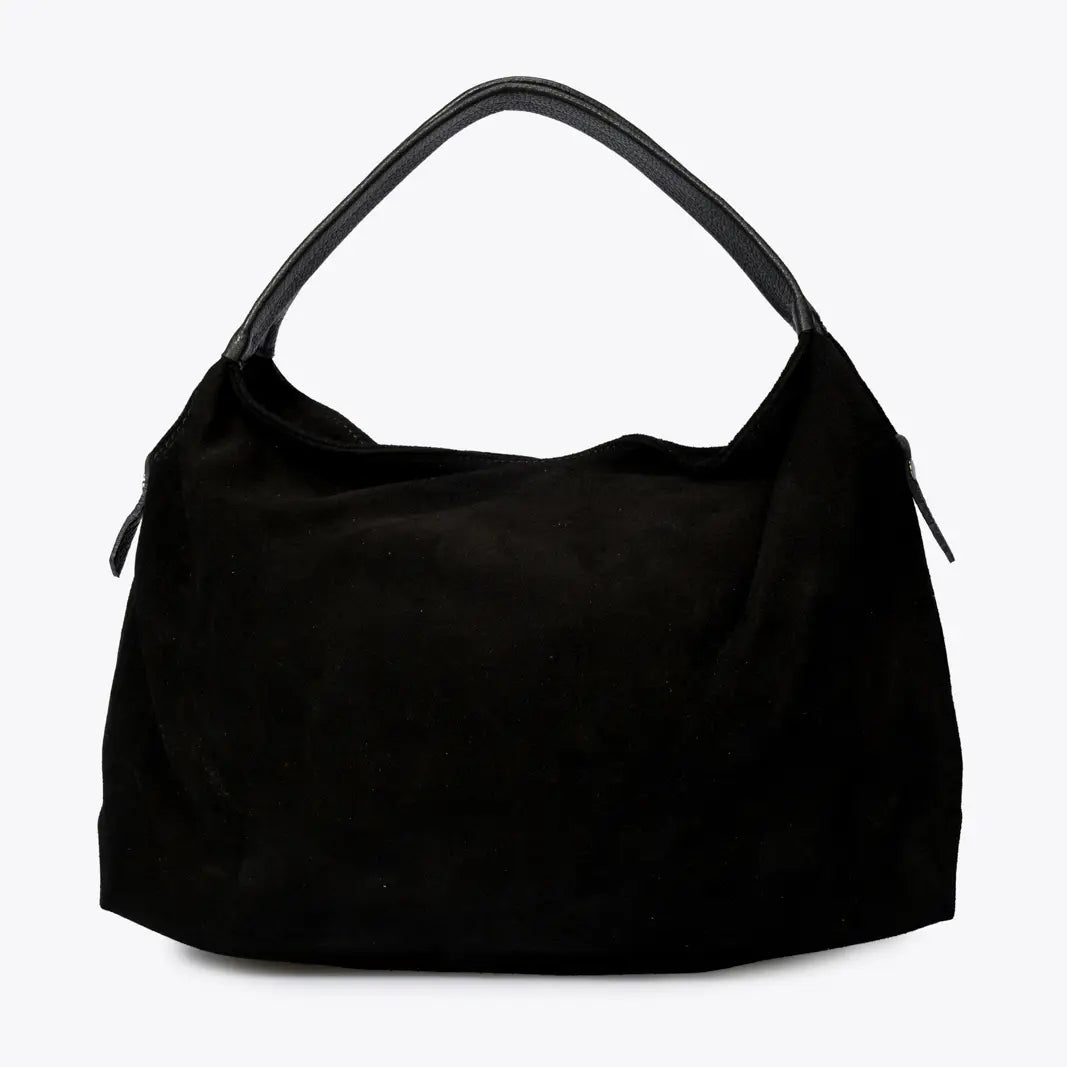 Sac à main Capucine en cuir velours noir, vu de face sur fond clair, avec ses deux anses