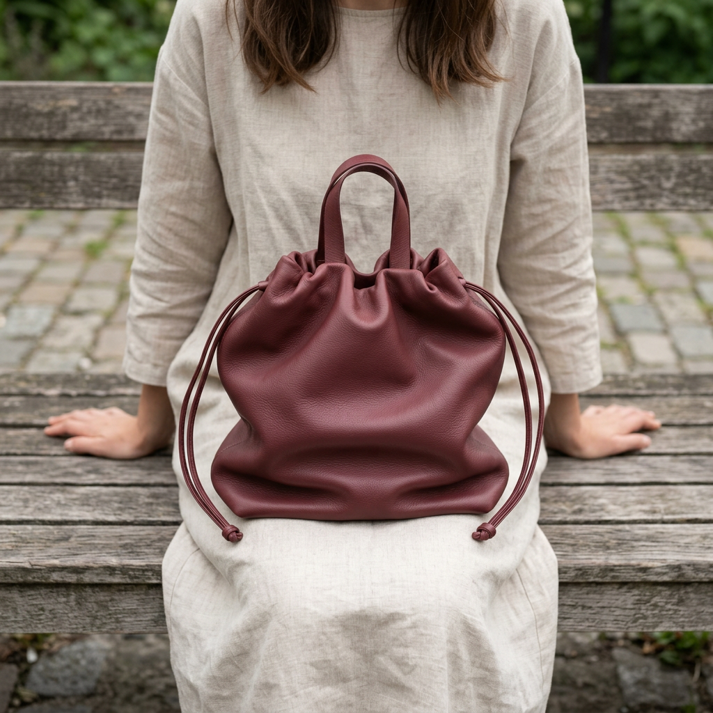 Sac à main Angela Medium en cuir bordeaux posé sur les genoux d’une femme assise sur un banc, Bmassy.