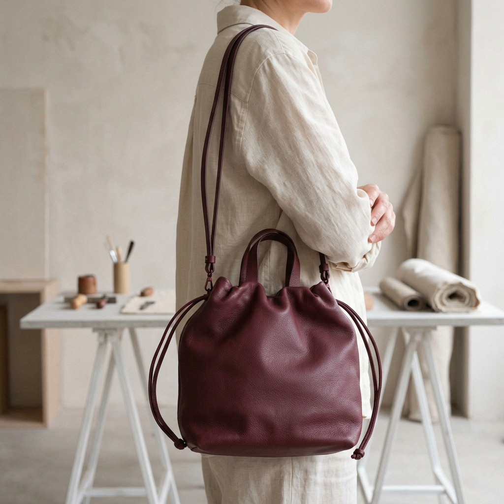 Sac à main Angela Medium en cuir bordeaux porté à l’épaule avec sa bandoulière, Bmassy.