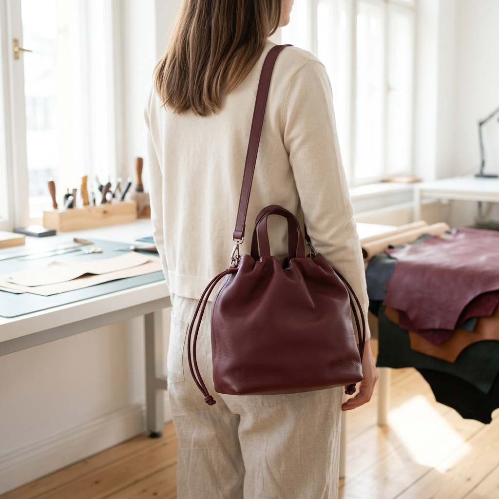 Sac à main Angela Medium en cuir bordeaux porté à l’épaule sur une femme vue de dos, Bmassy.