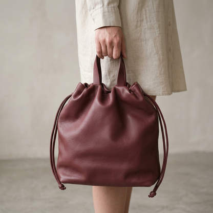 Sac à main Angela Medium en cuir bordeaux tenu à la main par ses poignées, Bmassy.