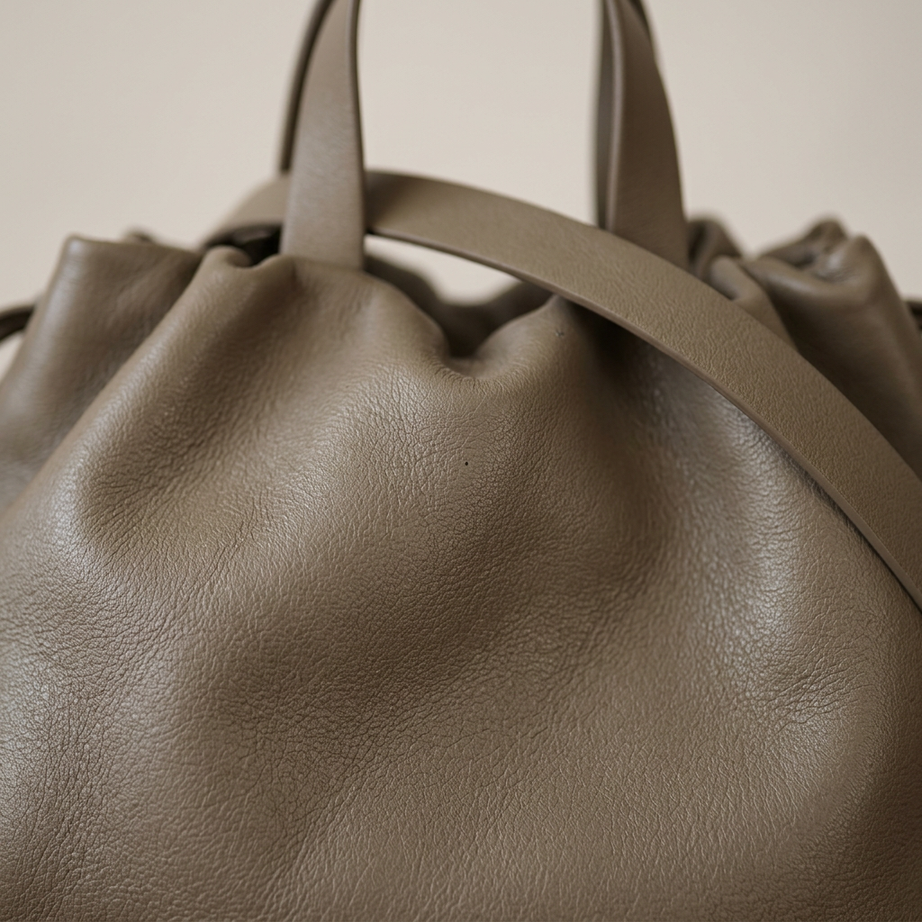 Sac à main Angela Medium en cuir gris taupe en gros plan montrant la texture et les plis du cuir, Bmassy.