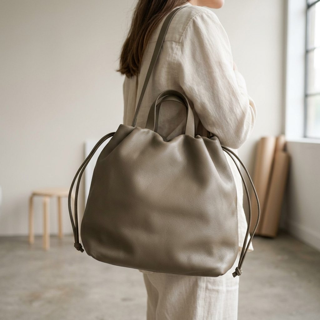 Sac à main Angela Medium en cuir gris taupe porté à l’épaule avec sa bandoulière, Bmassy.