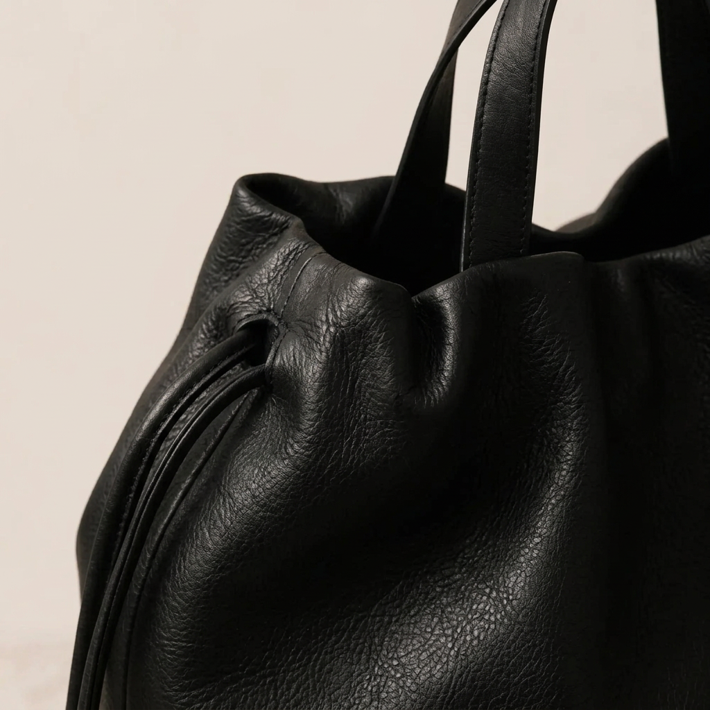 Sac à main Angela Medium en cuir noir en gros plan montrant la texture et les plis du cuir, Bmassy.
