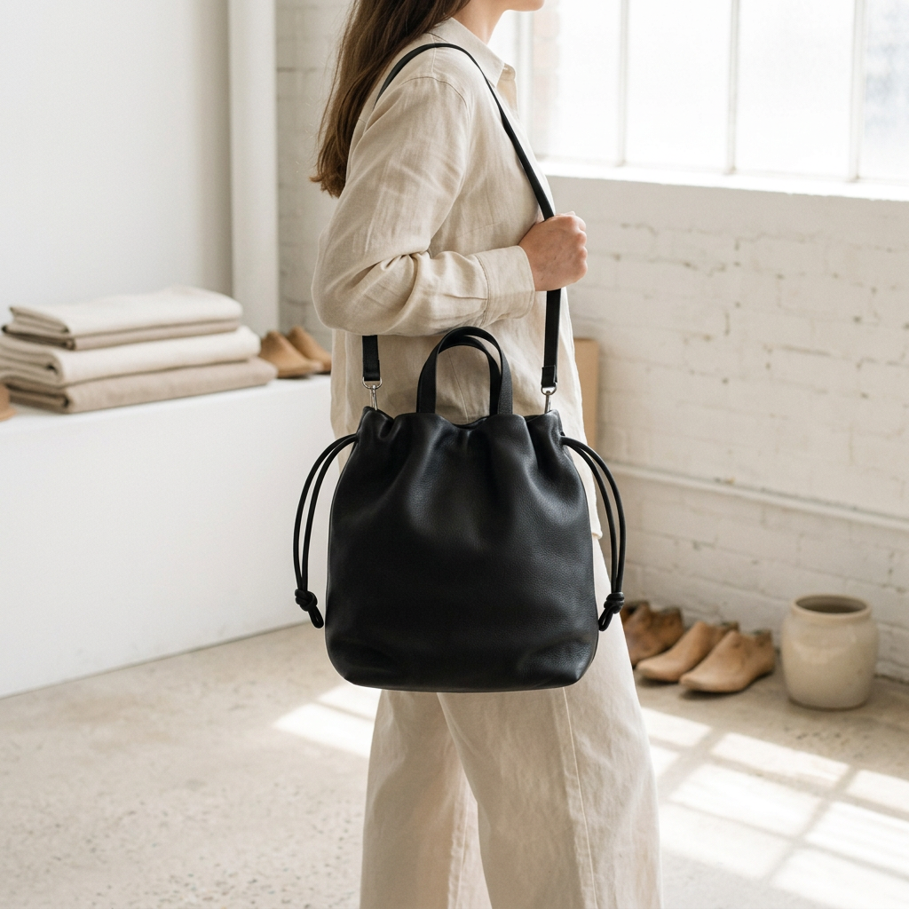 Sac à main Angela Medium en cuir noir porté à l’épaule avec sa bandoulière, Bmassy.