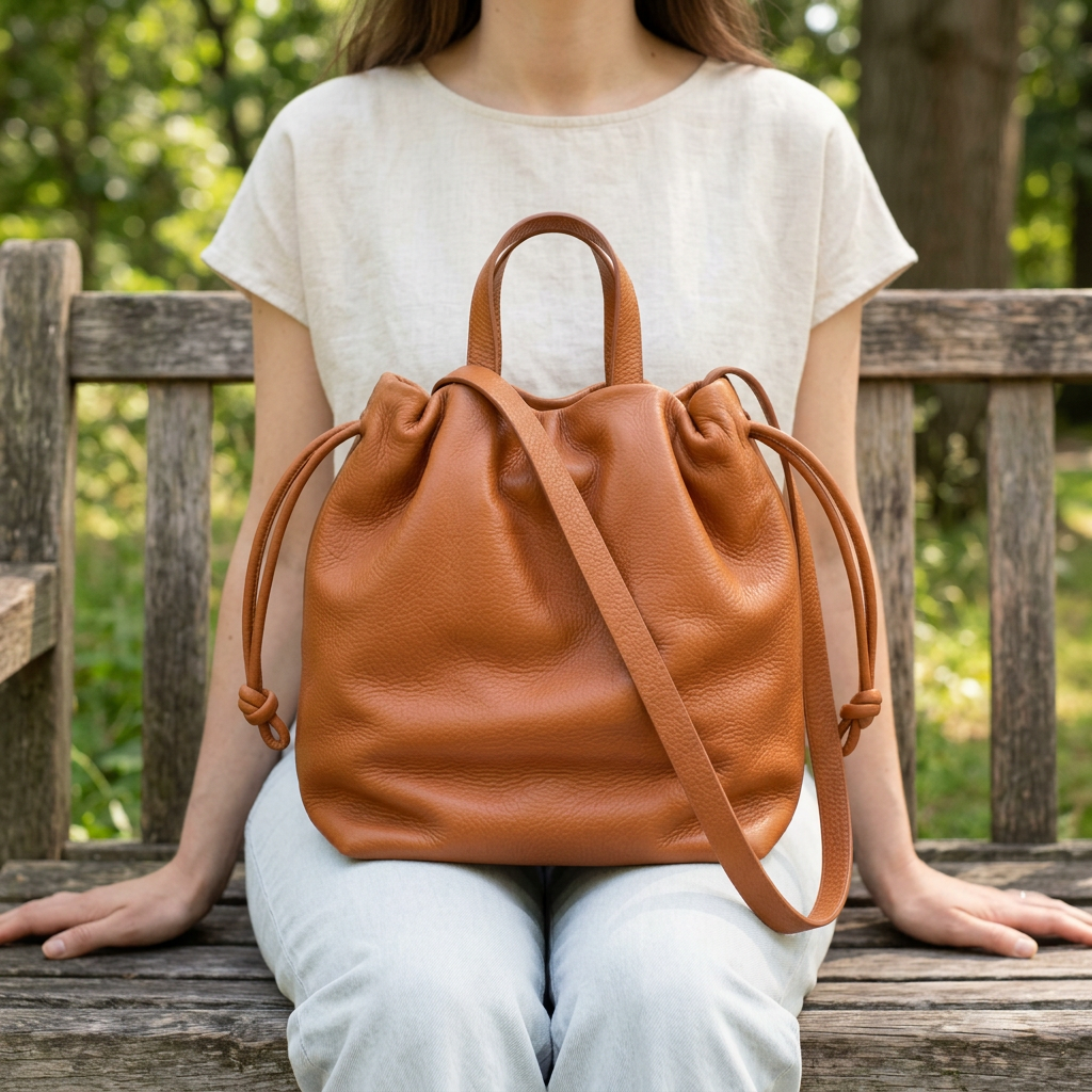 Sac à main Angela Medium en cuir orange cuivré posé sur les genoux d’une femme assise sur un banc, Bmassy.