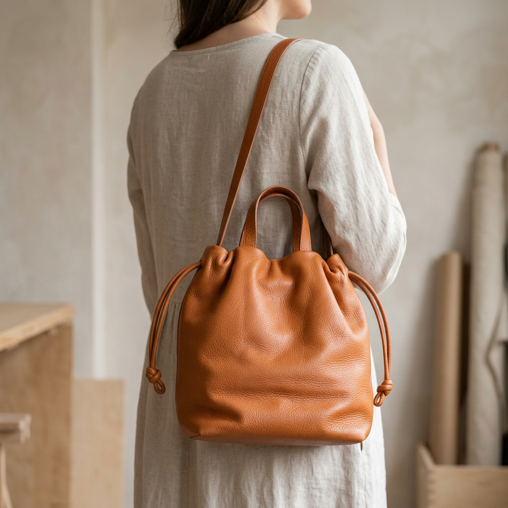 Sac à main Angela Medium en cuir orange cuivré porté à l’épaule sur une femme vue de dos, Bmassy.