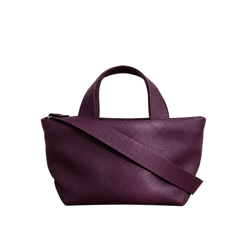 Sac Juanita en cuir aubergine clair, vu de face avec sa bandoulière, Bmassy.