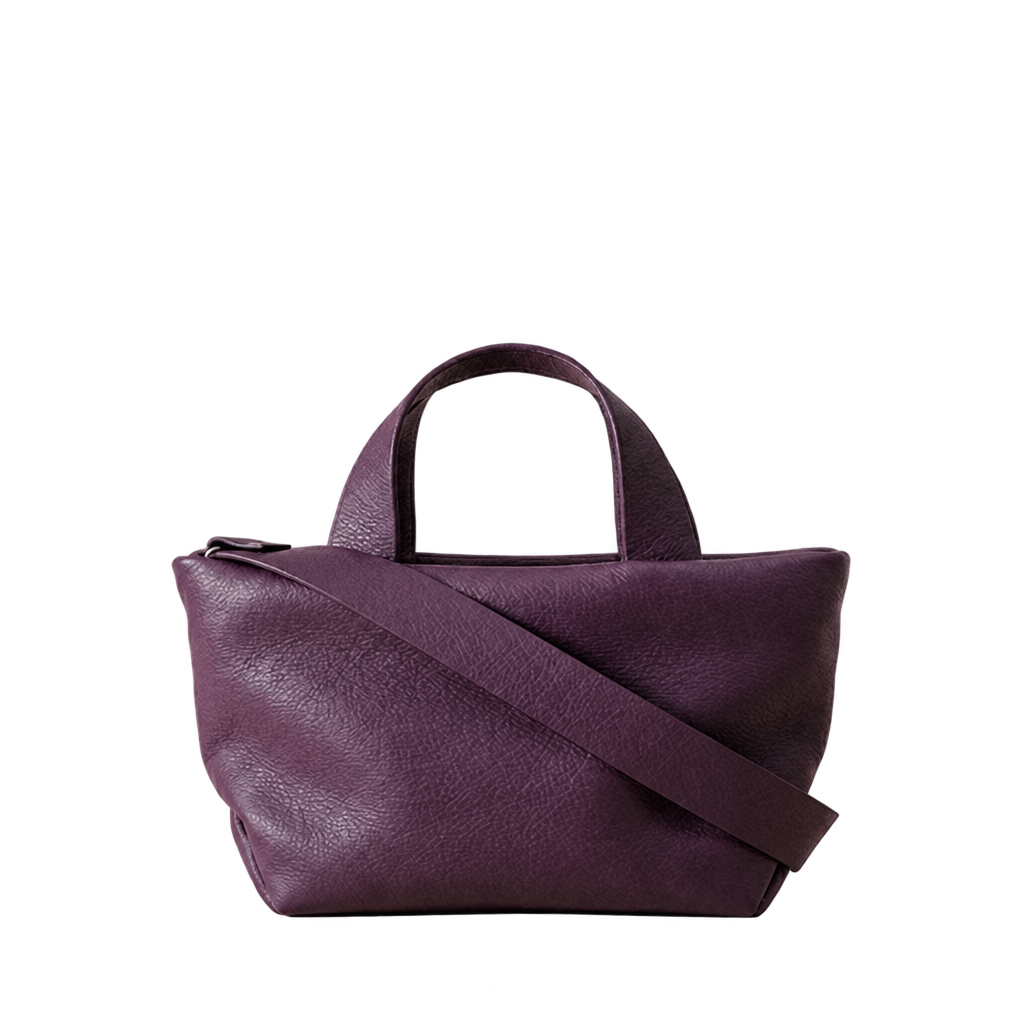 Sac Juanita en cuir aubergine clair, vue d’ensemble avec ses poignées et sa bandoulière, Bmassy.