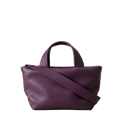 Sac Juanita en cuir aubergine clair, vue d’ensemble avec ses poignées et sa bandoulière, Bmassy.