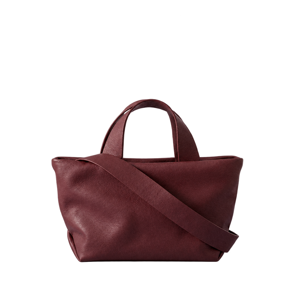 Sac Juanita en cuir bordeaux, vu de face avec ses poignées et sa bandoulière, Bmassy.