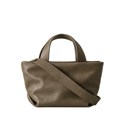 Sac Juanita en cuir gris, vu de face avec sa bandoulière, Bmassy.