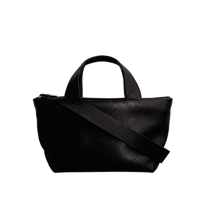 Sac Juanita en cuir noir, vu de face avec sa bandoulière, Bmassy.
