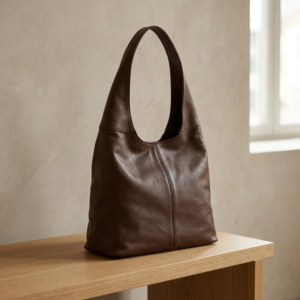 Sac à main marron à large anse et couture incurvée, posé sur un banc en bois clair