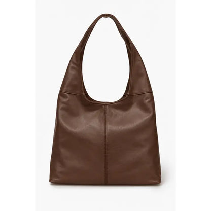 Sac à main marron à large anse et couture centrale, vu de face sur fond blanc