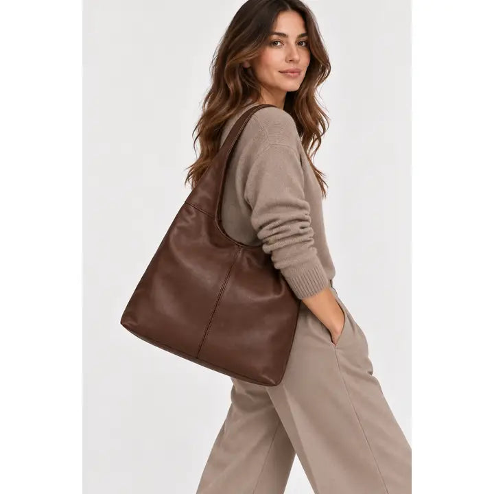 Sac à Main Porté Épaule en Cuir Brun Chocolat