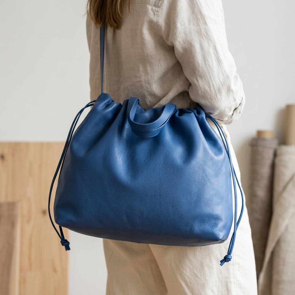 Sac à main maxi Dona Angela en cuir bleu porté en bandoulière croisée, Bmassy.