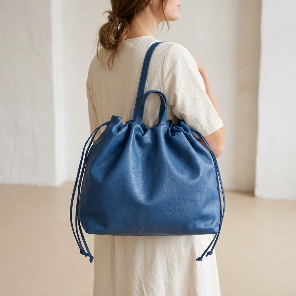 Sac à main maxi Dona Angela en cuir bleu porté à l’épaule sur une femme vue de dos, Bmassy.