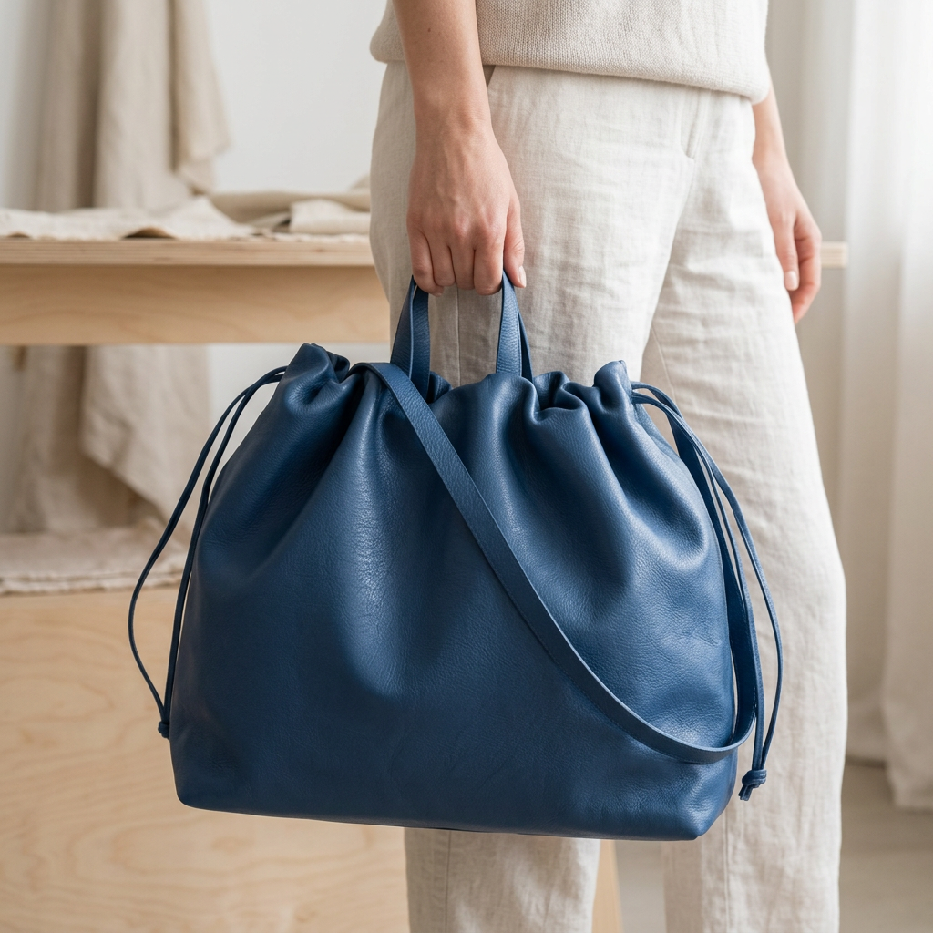 Sac à main maxi Dona Angela en cuir bleu tenu à la main par ses poignées, Bmassy.