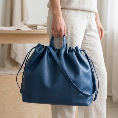 Sac à main maxi Dona Angela en cuir bleu tenu à la main par ses poignées, Bmassy.