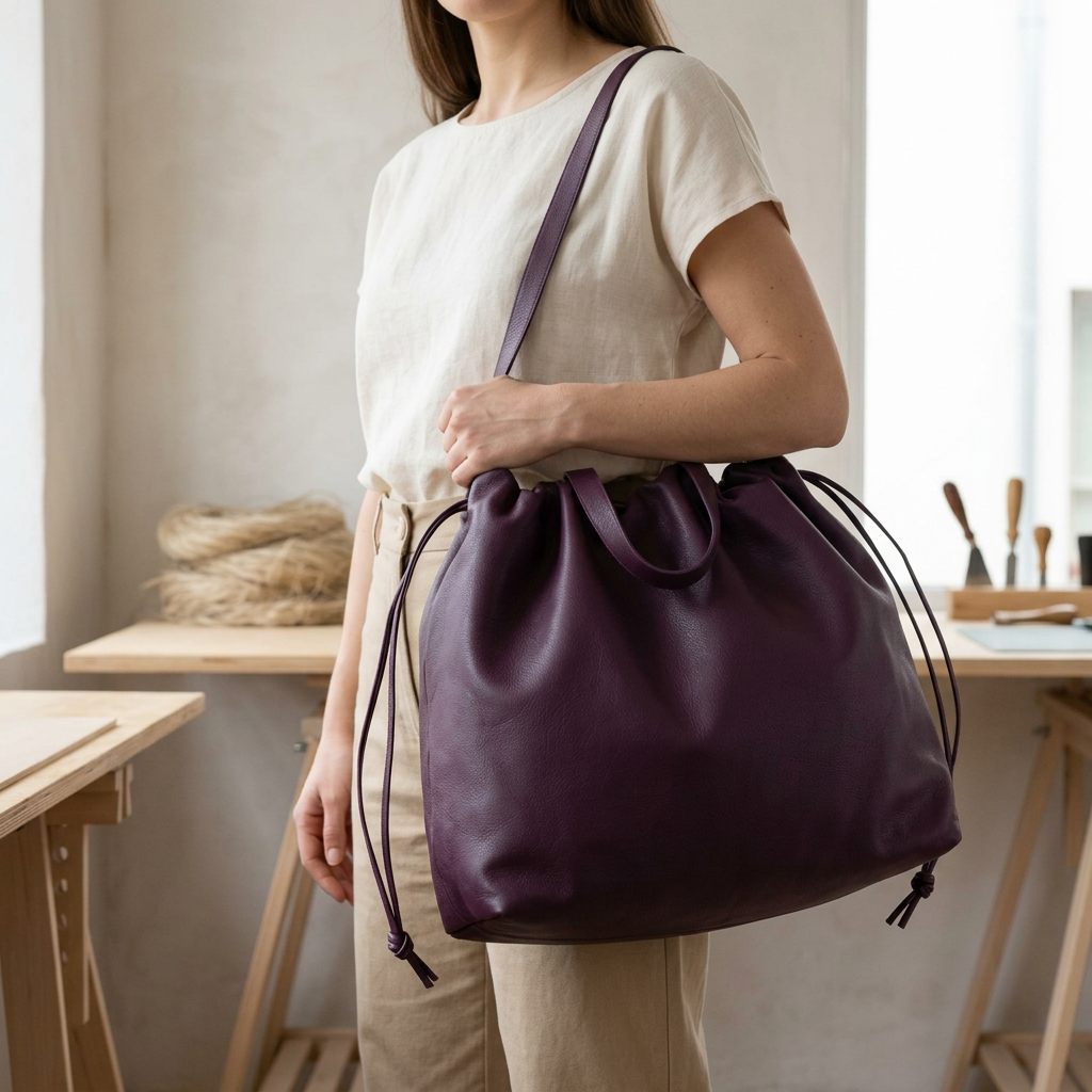 Sac à main maxi Dona Angela en cuir bordeaux porté à l’épaule avec sa bandoulière, Bmassy.