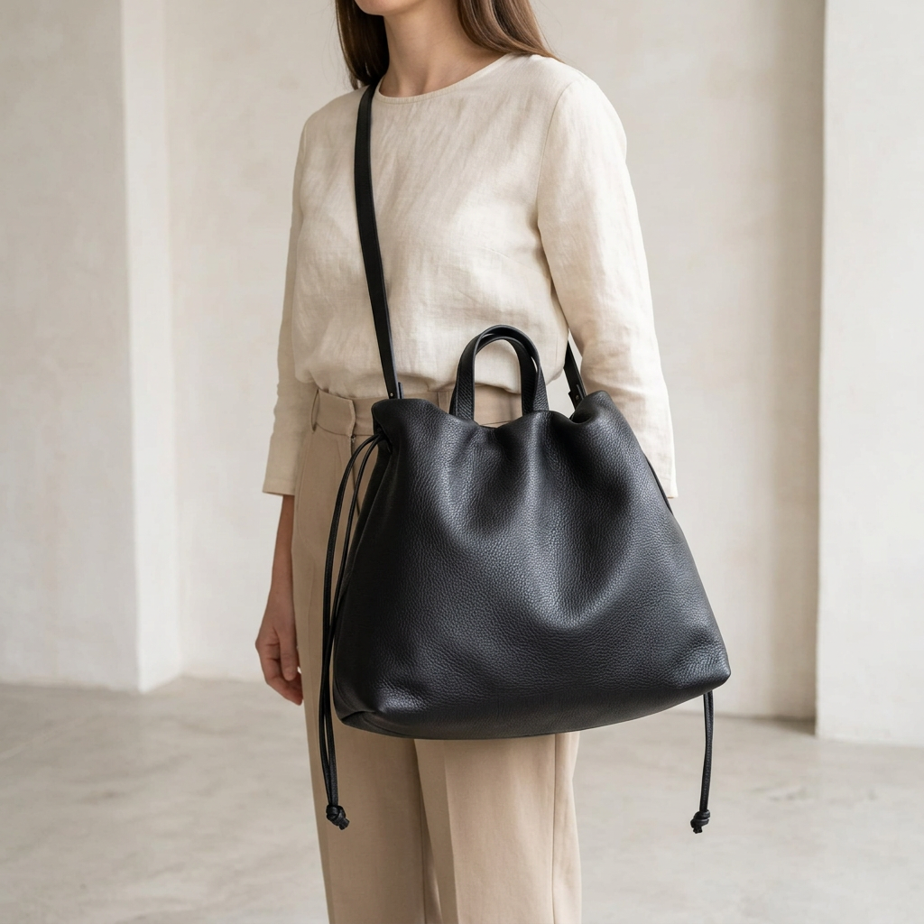 Sac à main maxi Dona Angela en cuir noir porté en bandoulière croisée, Bmassy.