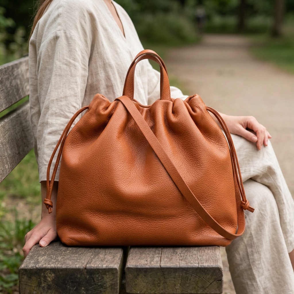 Sac à main maxi Dona Angela en cuir orange posé sur les genoux d’une femme assise sur un banc, Bmassy.