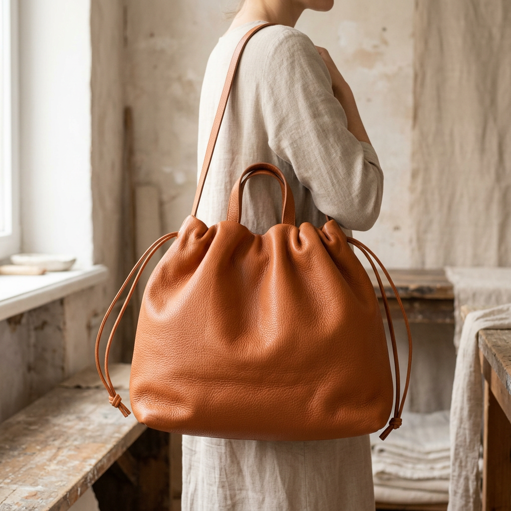 Sac à main maxi Dona Angela en cuir orange porté à l’épaule avec sa bandoulière, Bmassy.