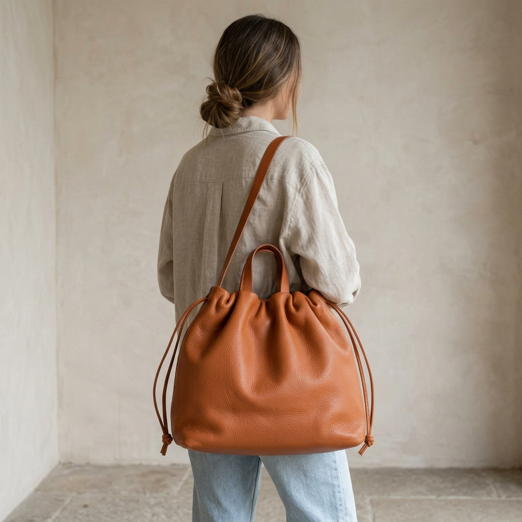 Sac à main maxi Dona Angela en cuir orange porté à l’épaule sur une femme vue de dos, Bmassy.