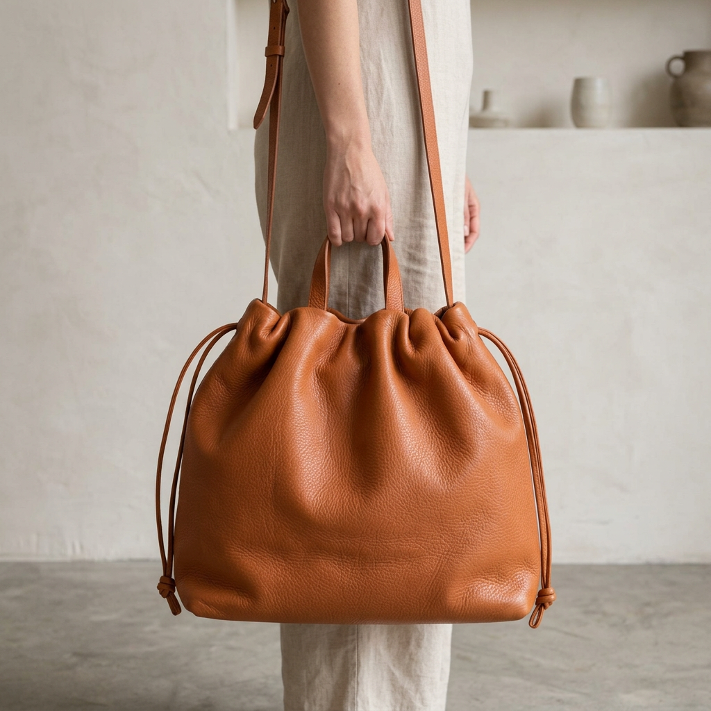 Sac à main maxi Dona Angela en cuir orange tenu à la main par ses poignées, Bmassy.