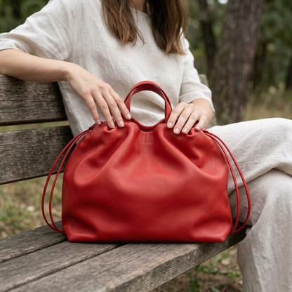 Sac à main maxi Dona Angela en cuir rouge posé sur les genoux d’une femme assise sur un banc, Bmassy.