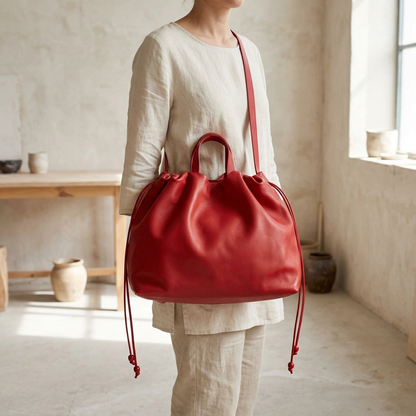 Sac à main maxi Dona Angela en cuir rouge porté à l’épaule avec sa bandoulière, Bmassy.