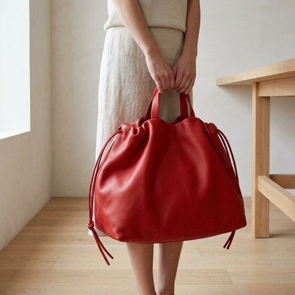 Sac à main maxi Dona Angela en cuir rouge tenu à la main par ses poignées, Bmassy.