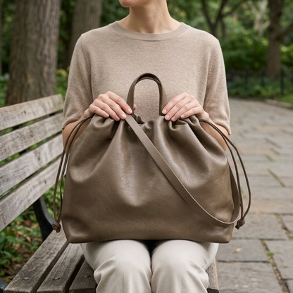 Sac à main maxi Dona Angela en cuir taupe posé sur les genoux d’une femme assise sur un banc, Bmassy.