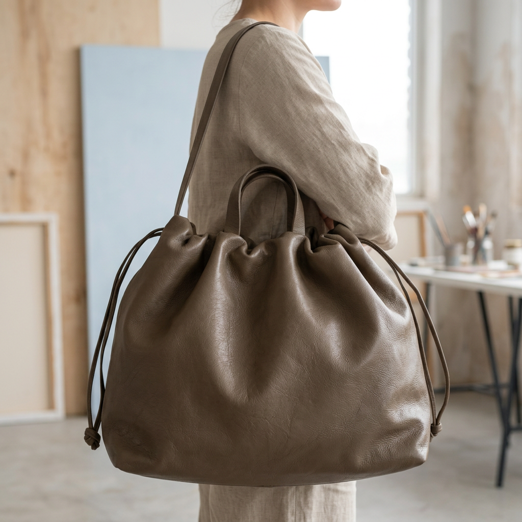 Sac à main maxi Dona Angela en cuir taupe porté à l’épaule avec sa bandoulière, Bmassy.