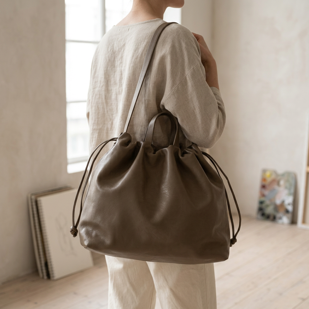 Sac à main maxi Dona Angela en cuir taupe porté à l’épaule sur une femme vue de dos, Bmassy.
