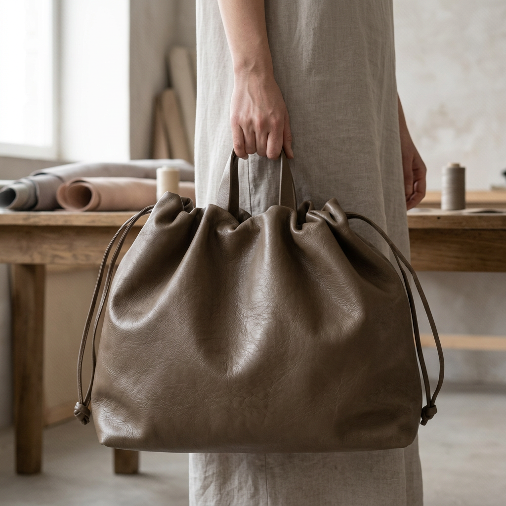 Sac à main maxi Dona Angela en cuir taupe tenu à la main par ses poignées, Bmassy.