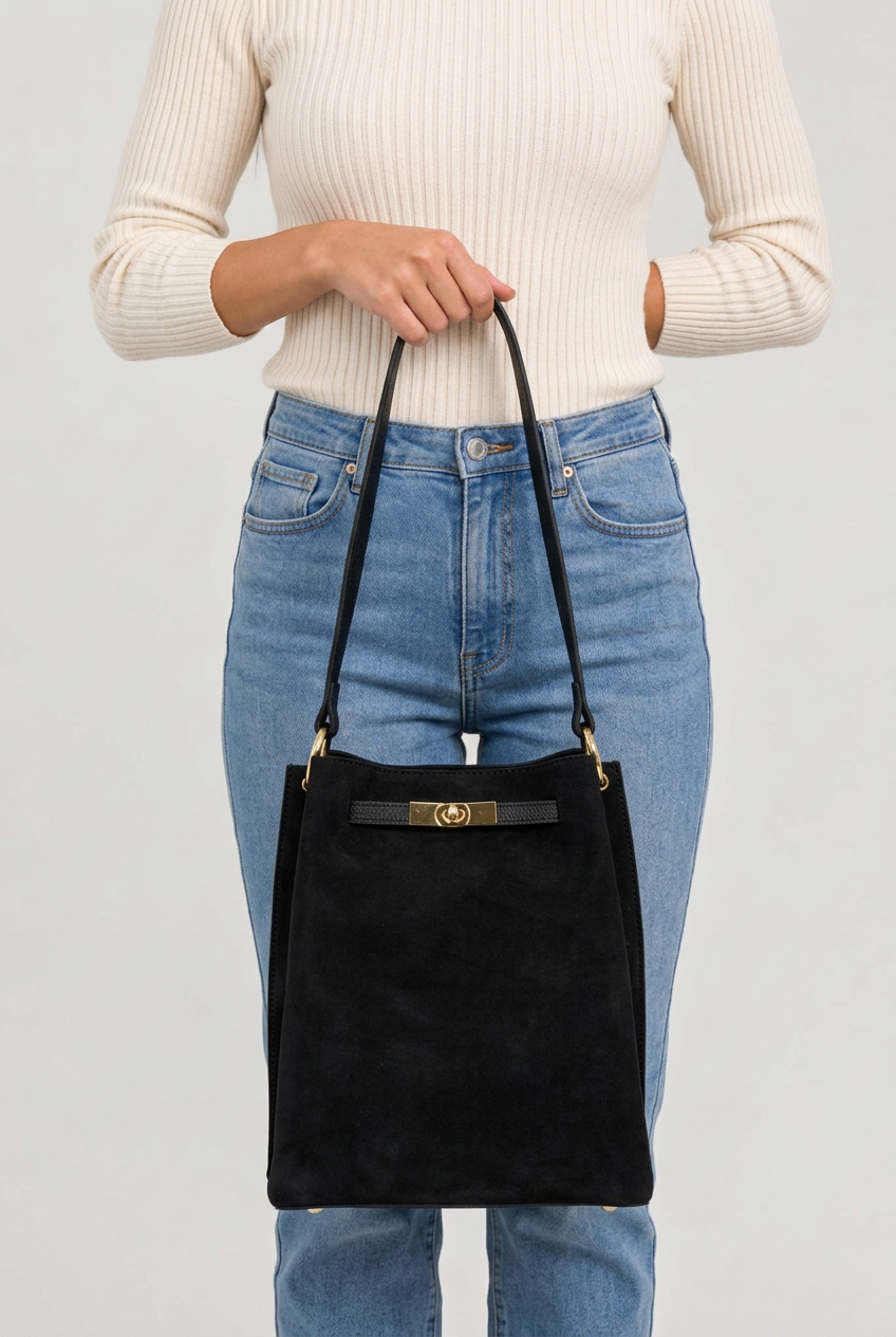 Sac rectangulaire en cuir velours noir porté à la main