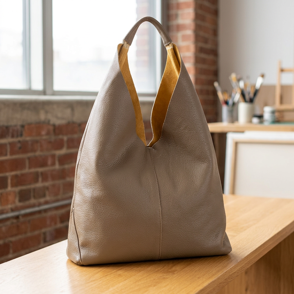 Sac shopper en cuir beige posé sur un support en bois dans un atelier, avec intérieur ocre visible