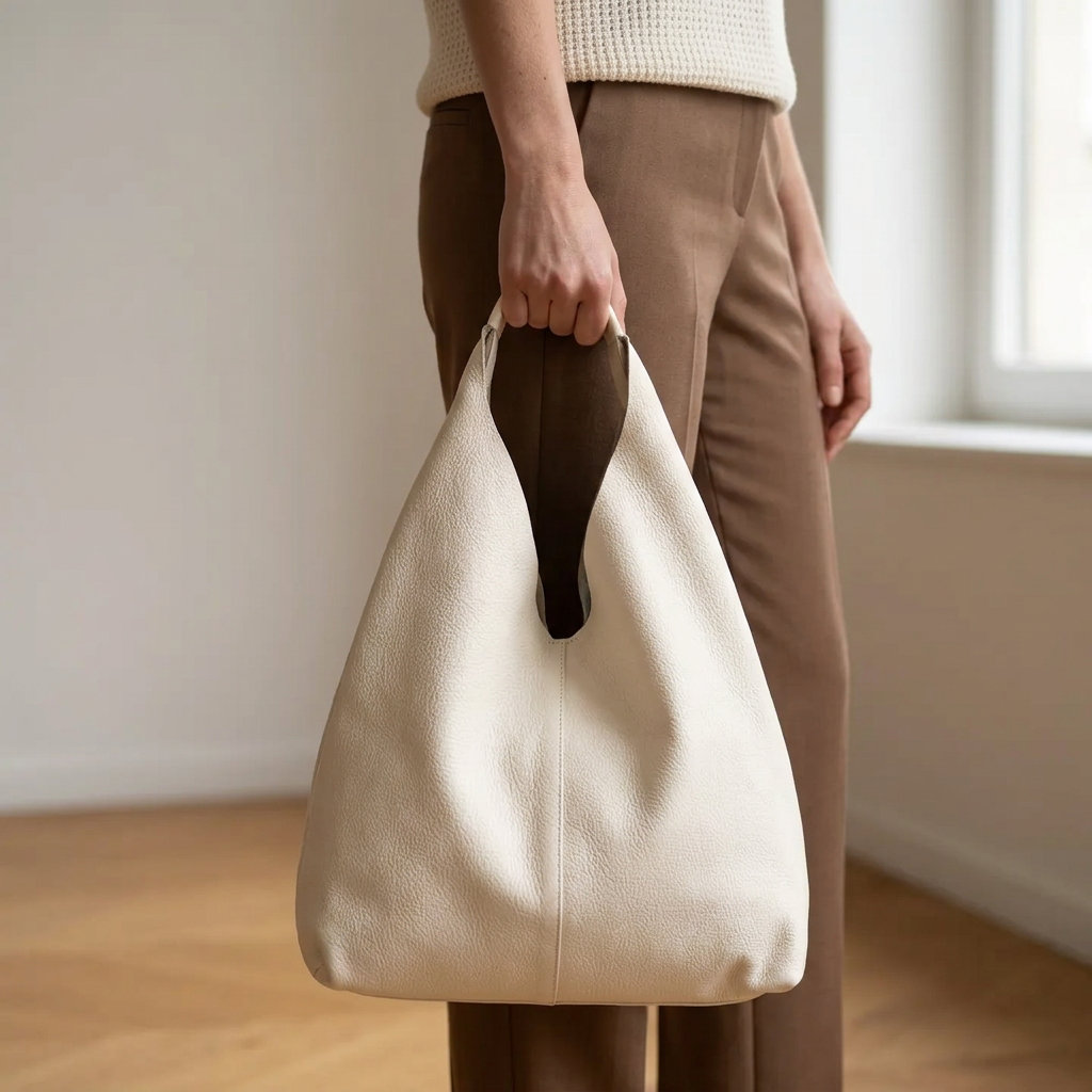 Sac shopper en cuir grainé blanc tenu à la main par son anse, le long de la jambe