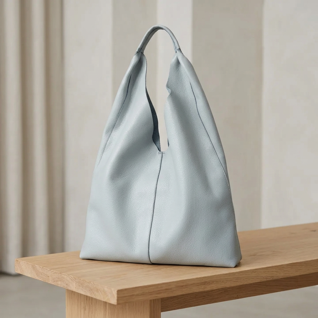 Sac shopper en cuir gris clair avec anse intégrée, posé sur un banc en bois clair, vu de trois quarts
