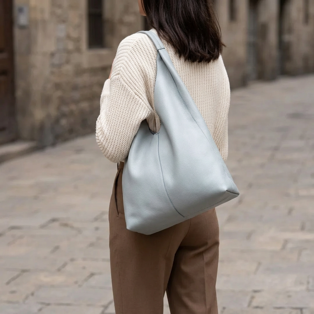 Sac shopper en cuir gris clair porté à l’épaule par une femme vue de dos