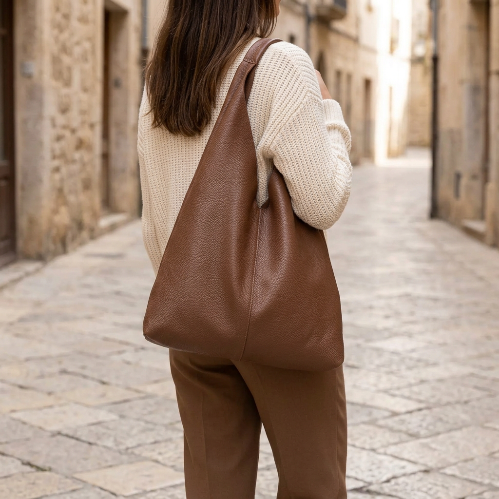 Sac shopper en cuir grainé marron porté à l’épaule par une femme vue de dos