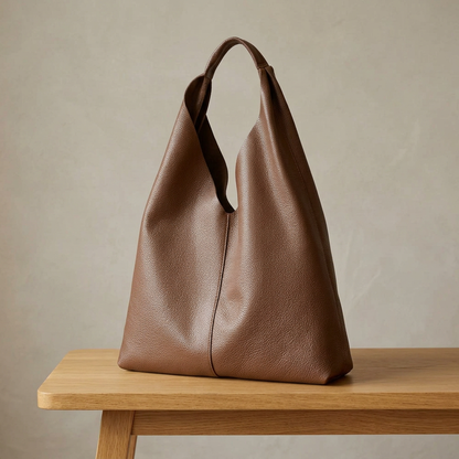Sac shopper en cuir grainé marron posé sur un banc en bois clair, vu de trois quarts