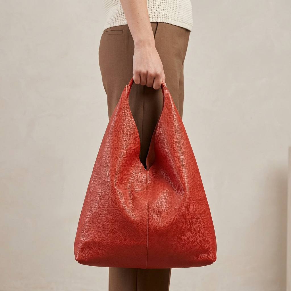 Sac shopper en cuir grainé rouge tenu à la main par son anse, le long de la jambe