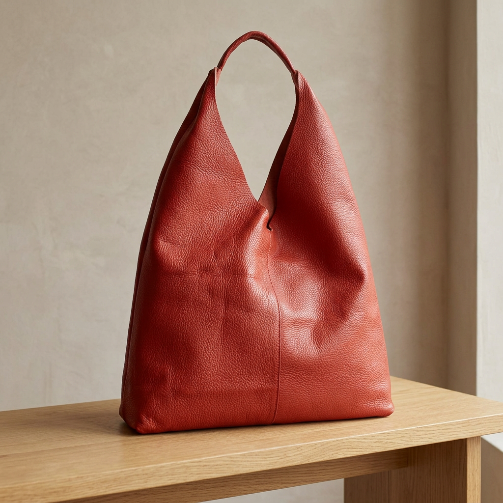 Sac shopper en cuir grainé rouge posé sur un banc en bois clair, vu de trois quarts