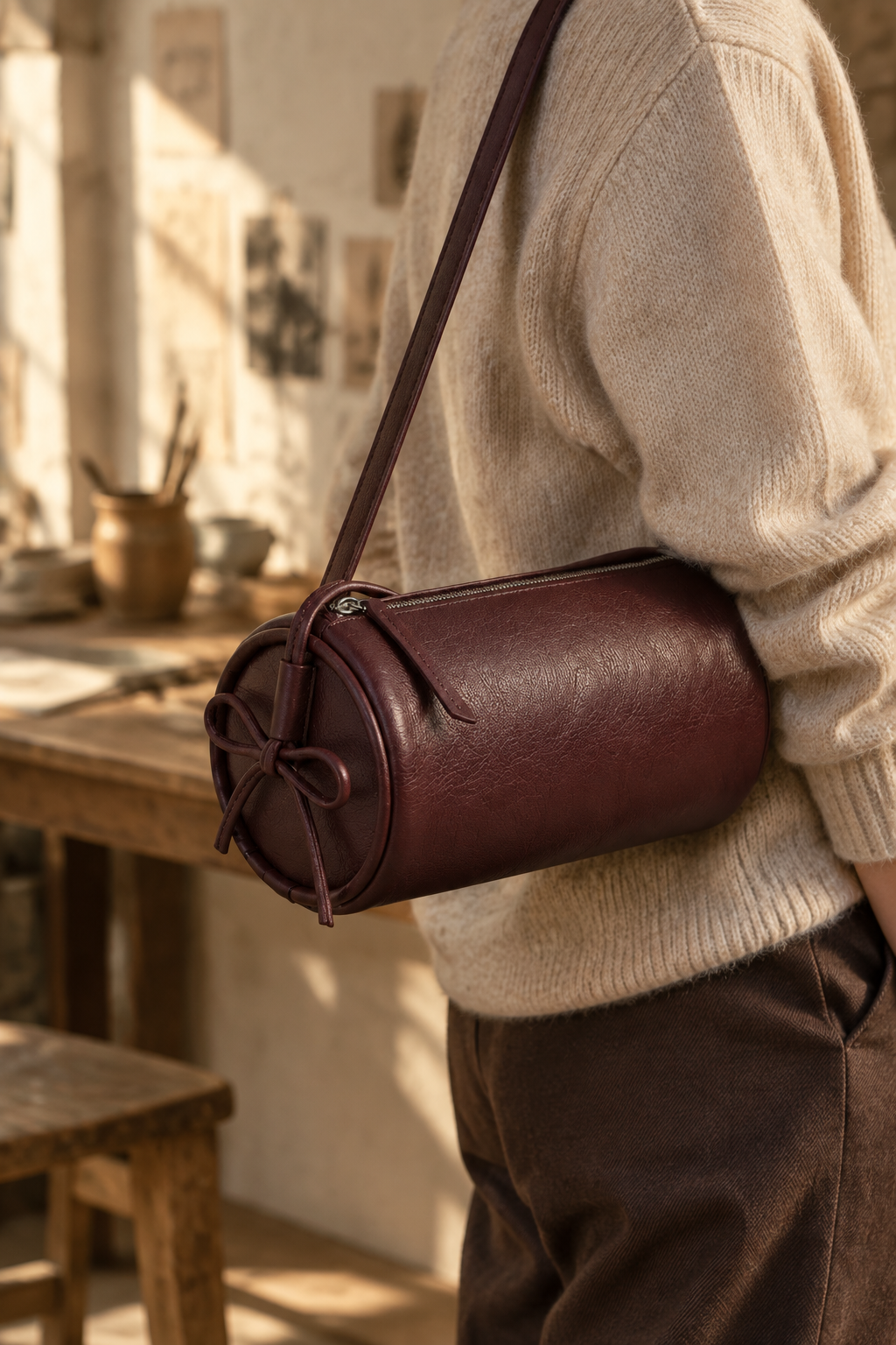 Sac Alma bordeaux porté à l’épaule dans un atelier, avec son côté rond et son cordon noué visibles