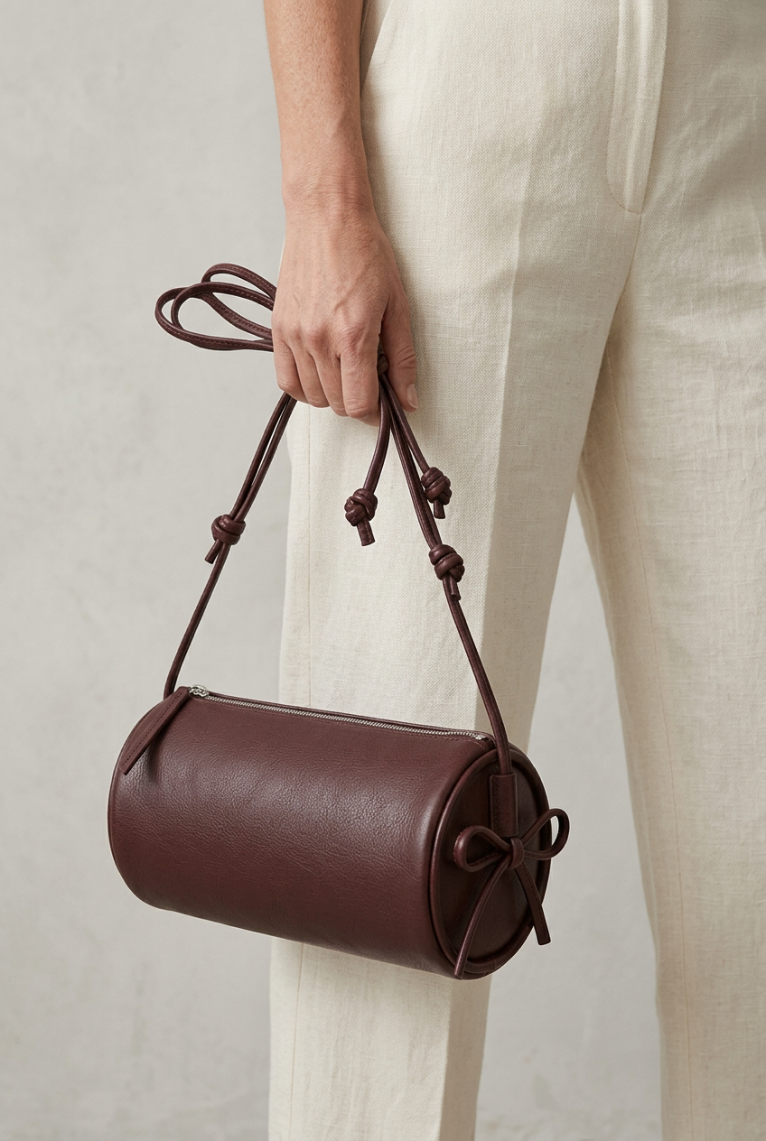 Sac Alma bordeaux porté à la main par ses longs cordons noués, sur un pantalon écru