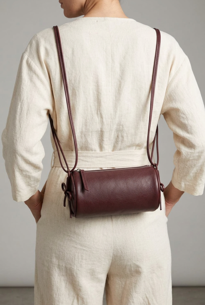 Sac Alma bordeaux porté en sac à dos, avec ses deux cordons sur les épaules d’une femme