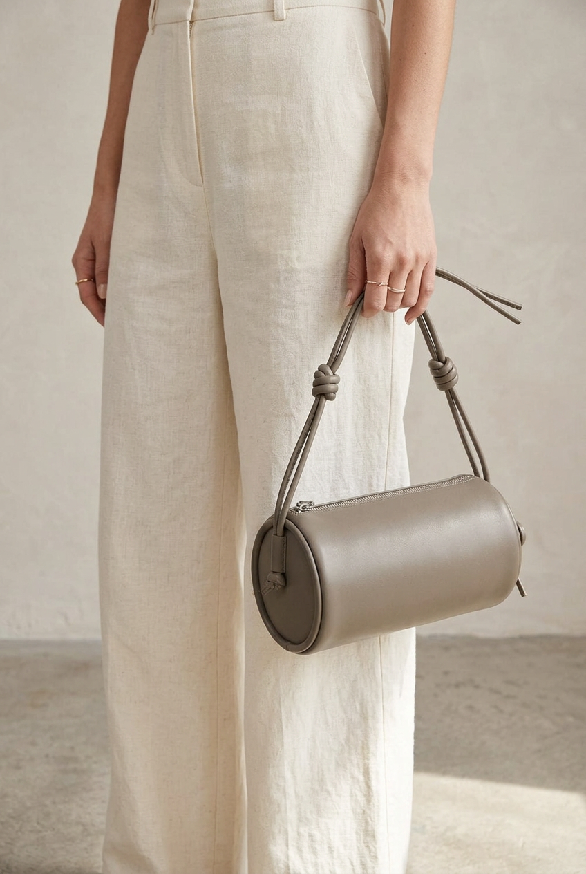 Sac Alma en cuir gris de forme cylindrique, porté à la main par ses cordons noués, le long de la jambe